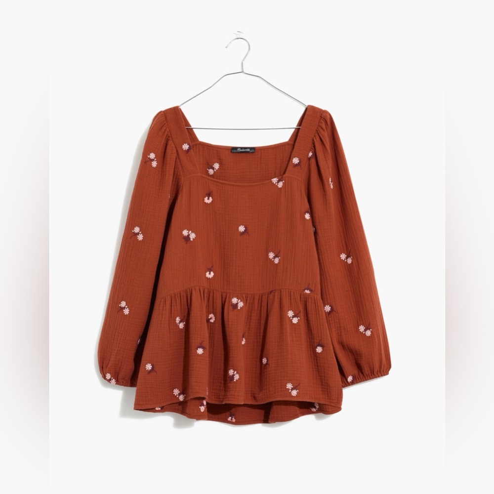 Madewell Amie Floral Embroidered Lightspun Millbrook Puff-Sleeve Peplum Top